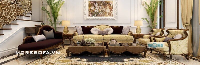 Thiết kế, sản xuất Sofa tân cổ điển MS-029 gỗ tự nhiên, bọc nỉ nhập khẩu cao cấp tinh tếcho phòng khách chung cư, biệt thự