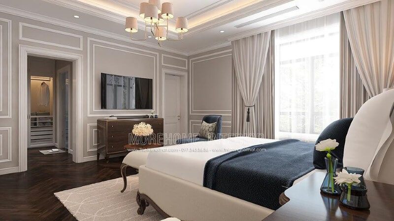 Thiết kế nội thất phòng ngủ vợ chồng tân cổ điển sử dụng gam màu trắng chủ đạo sẽ là lựa chọn ấn tượng cho chủ nhà mệnh Kim.