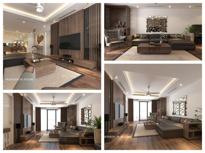 Mẫu sofa góc gỗ óc chó bọc da hiện đại đẹp cao cấp tại chung cư Imoeria Garden Hà Nội