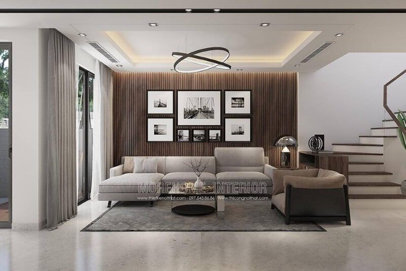 Sắp xếp phòng khách hiện đại đẹp với cách phối màu ấn tượng.