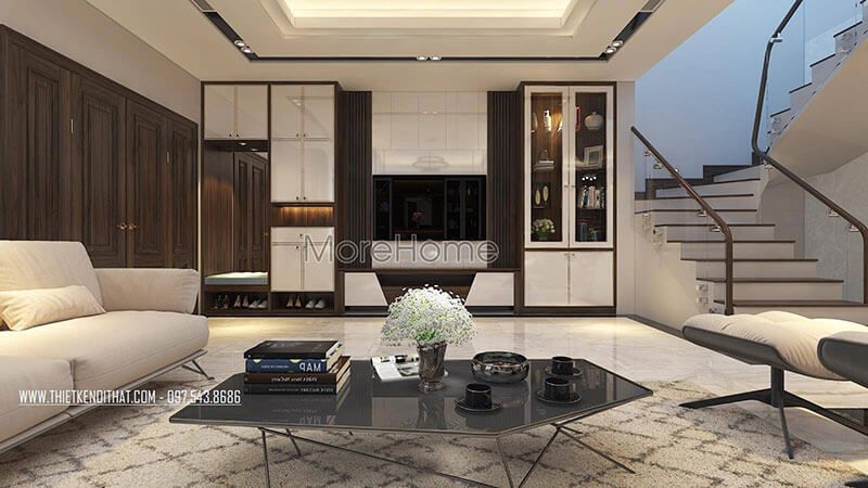 Mẫu tủ ti vi kết hợp kệ trang trí với thiết kế hiện đại và chất liệu gỗ công nghiệp giúp tạo nên sự tinh tế, sang trọng cho phòng khách.