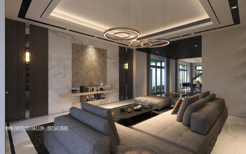 Để tạo nên sự sang trọng và đẹp mắt cho phòng khách biệt thự, nhà phố, hãy trang trí kệ tường.